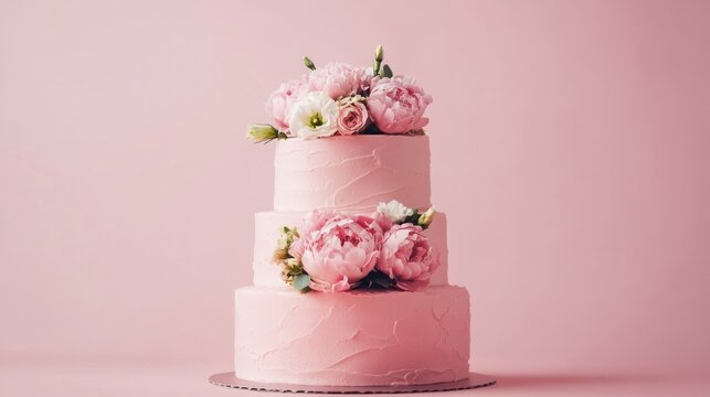 Pink wedding cake with flowers on pastel background; elegant dessert for special occasion; possible use social media, online shop, recipe inspiration