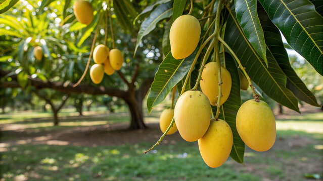 Mango hanging on tree in garden, Mango tree in natural background - Powered by Adobe