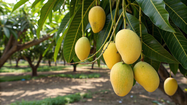 Yellow Mango tree in garden, Mangoes tree in natural sunlight background - Powered by Adobe