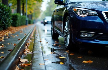 Fototapeta premium Close-up of a modern blue car parked on a wet street with fallen autumn leaves and a blurred background