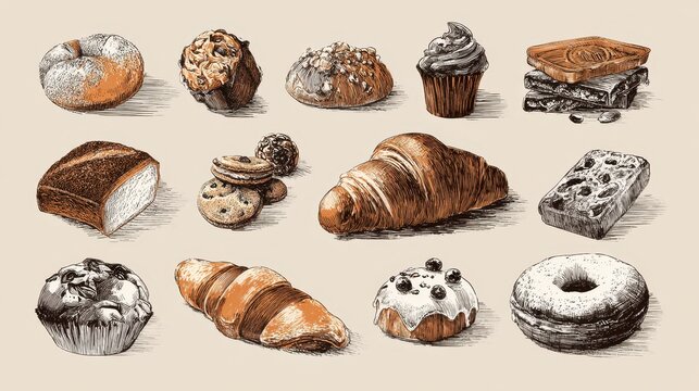 Diverse Cookie Creations. Hand-Drawn Illustrations of Sweet Treats and Bakery Delights