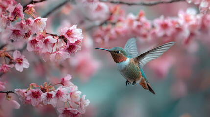 Fototapeta premium Cute hummingbird flying among colorful blossoms creates serene and vibrant scene, showcasing nature beauty and delicate balance of life