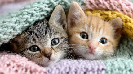 Cute kittens cuddling under pastel blanket, showcasing their adorable features and playful expressions. soft colors and cozy setting create heartwarming scene
