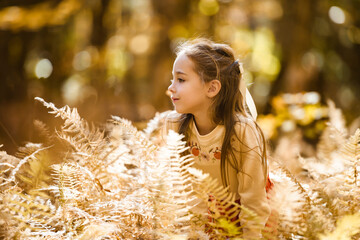 happy child girl throws autumn leaves and laughs outdoors