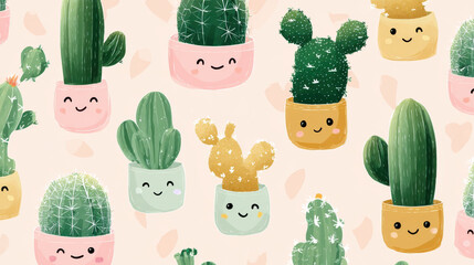 Cute pastel cactus wallpaper features smiling faces on various cacti in colorful pots, creating cheerful and playful atmosphere perfect for home decor or digital backgrounds