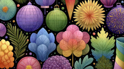 Colorful ornaments and floral designs create vibrant seamless pattern, perfect for festive occasions. intricate details and variety of shapes evoke joyful atmosphere