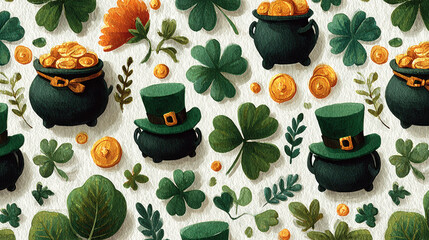 Colorful seamless pattern featuring pots of gold, green clovers, and festive hats, perfect for celebrating St. Patrick Day. This vibrant design evokes joy and festive spirit