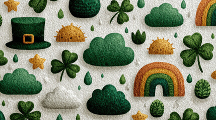 Colorful seamless pattern featuring various St. Patrick Day elements, including shamrocks, clouds, rainbows, and festive hats. This cheerful design evokes sense of celebration and joy