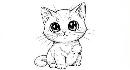 Fototapeta premium Adorable Line Art Depiction of a Kitten with Large Eyes Sitting Comfortably on a White Background.