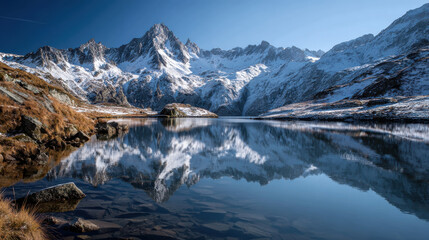 Serene mountain lake reflecting snowy peaks under clear blue sky, creating tranquil atmosphere. landscape showcases natural beauty and peacefulness