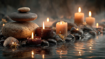 Serene spa atmosphere featuring stacked stones, glowing candles, and smooth pebbles, creating relaxing environment with soft mist and gentle reflections