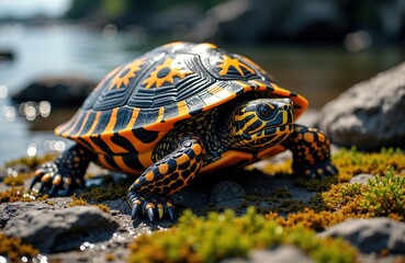Colorful turtle with intricate black and orange patterns on rocky terrain near water