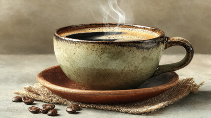 Simple coffee cup with steam, placed on wooden saucer, surrounded by coffee beans, creates warm and inviting atmosphere. soft watercolor style enhances cozy feeling of enjoying hot beverage
