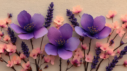 Beautiful lavender bunches and delicate baby flowers create stunning floral arrangement, showcasing vibrant purple and soft pink hues. This composition evokes sense of tranquility and elegance