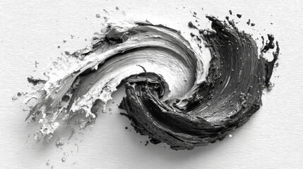 Abstract brush stroke creates dynamic swirl of black and white paint on textured background, evoking sense of movement and contrast. interplay of colors adds depth and intrigue