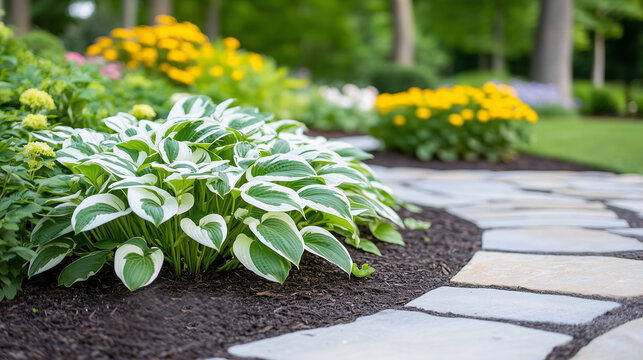 Close-up of lush green hostas and colorful flowers in a landscaped garden, showcasing natures beauty