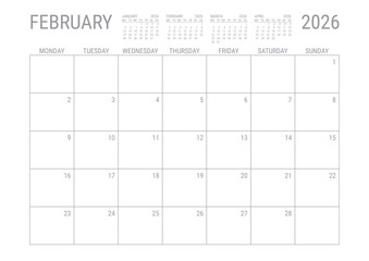 February Calendar 2026 Monthly Planner Printable A4 Monday Start	