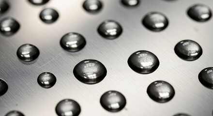 Macro Close-Up of Water Droplets on a Smooth Metallic Surface, Creating a Visually Appealing Wet Texture.