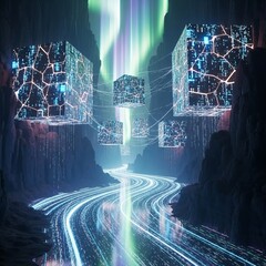 A surreal landscape featuring glowing cubes suspended above a river of light, with aurora borealis illuminating the scene, creating a futuristic and ethereal atmosphere