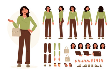 Fototapeta na wymiar Young fashionable woman wearing stylish clothes and holding bag. Character constructor for animation. Front, side and back view set. Body parts, postures, poses collection. Vector illustration.