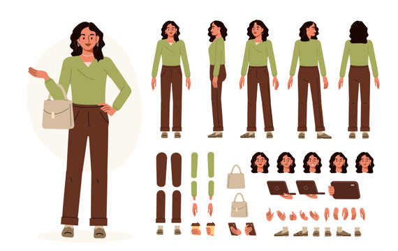 Young fashionable woman wearing stylish clothes and holding bag. Character constructor for animation. Front, side and back view set. Body parts, postures, poses collection. Vector illustration.