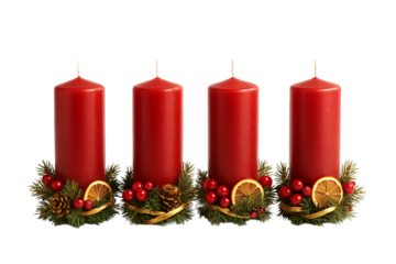 Four red candles with oranges and pine branches on a transparent background. Holiday table.