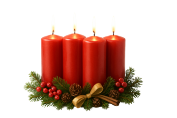 Four lit red candles among festive decorations on a transparent background. Christmas countdown.