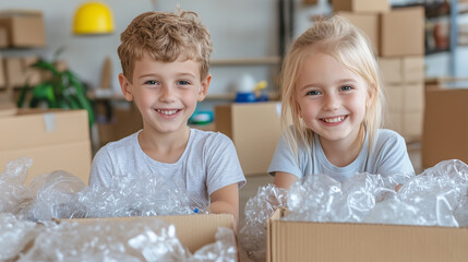 Three cheerful kids surrounded by boxes of recyclables, showcasing a fun and engaging recycling activity