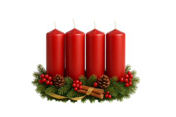 Four red candles with pine branches and cones on a transparent background. Advent wreath. Christmas decor.
