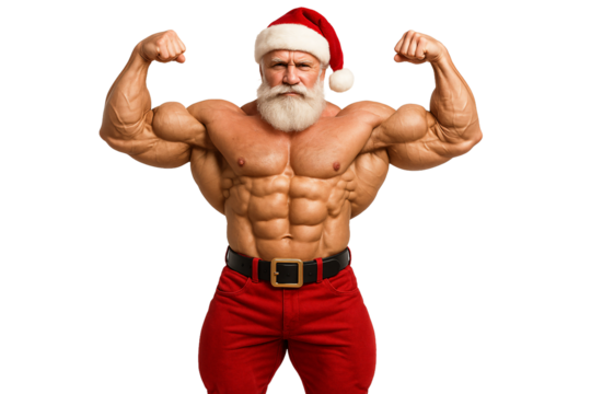 Muscular Santa Claus flexing biceps on a transparent background. Christmas. Strength.