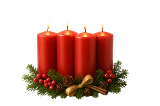Four lit red candles among festive decorations on a transparent background. Christmas countdown.