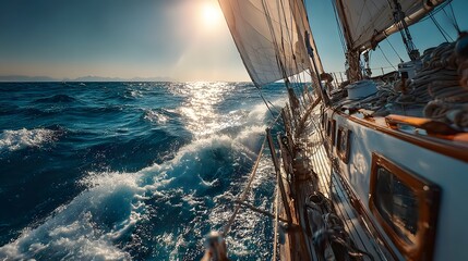 Obraz premium View from a sailboat deck as it cuts through a deep blue ocean. The white sail is full of wind under a bright sun, creating a feeling of freedom.
