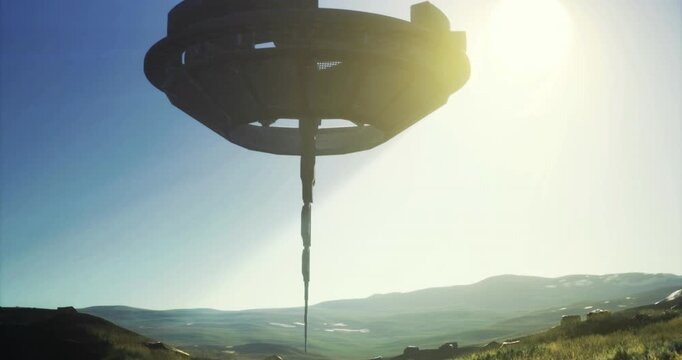 An enigmatic craft from another world hovers silently above a vibrant green valley. The sun slowly rises, illuminating the terrain and creating an otherworldly ambiance.