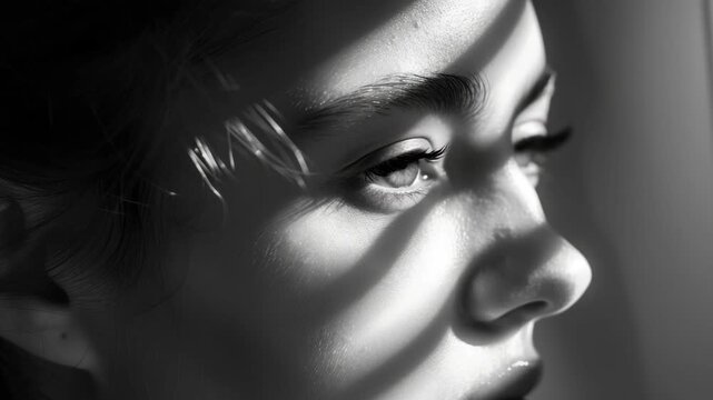 A woman with her eyes closed in the sunlight, casting a shadow over one side of her face. She appears to be relaxed or lost in thought.