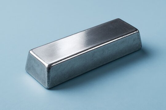 Solid metallic germanium ingot with a smooth reflective surface on a light blue background