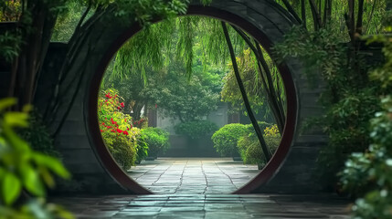 Obraz premium A winding stone path surrounded by vibrant foliage, perfect for a peaceful stroll in a botanical paradise