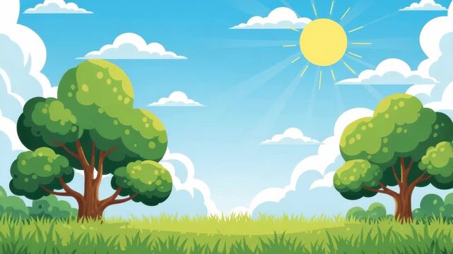 cartoonish outdoor scene features clear blue sky with fluffy white clouds and beaming yellow sun Lush green grass fills the foreground flanked by two large verdant trees
