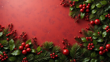 Festive christmas garland with red berries and pine cones on red background