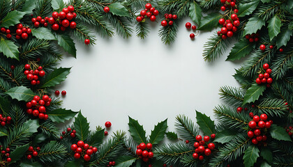 Festive christmas wreath with holly berries and evergreen branches forming a frame
