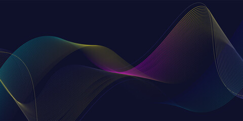 Dark abstract background featuring glowing, flowing wave lines in blue red color gradient. Futuristic design with shiny, smooth motion, perfect for technology-inspired visuals. Vector illustration.