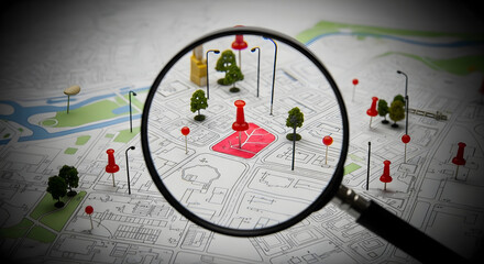 Urban planner analyzing map with magnifying glass