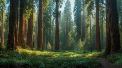 Obraz premium Sunlit grove of giant redwood trees, misty atmosphere