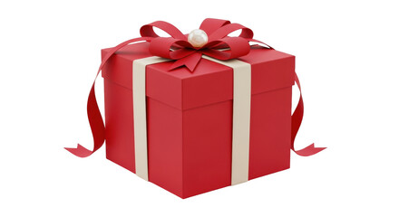 Isolated red Christmas gift box with a festive ribbon and pearl ornament for holiday cheer