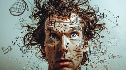 A man with a perplexed expression surrounded by mathematical symbols, symbolizing the struggles of problem-solving