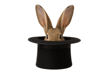 Rabbit peeking out of a black hat on a transparent background. Magic trick. Circus show.