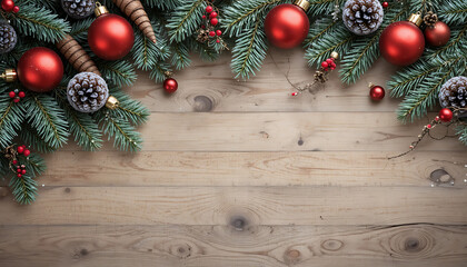 Festive christmas garland with ornaments and pinecones on rustic wood background