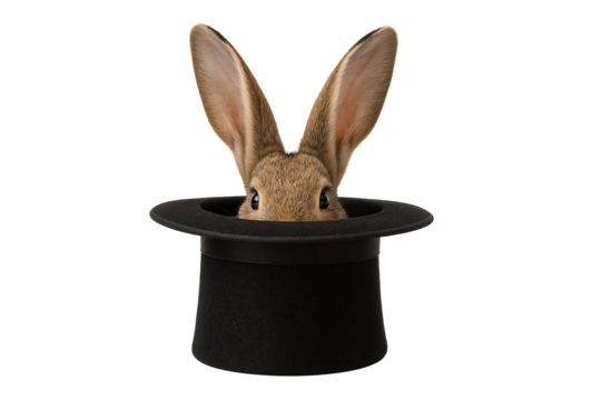Rabbit peeking out of a black hat on a transparent background. Magic trick. Circus show.