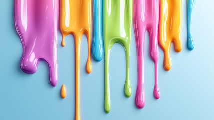 A lively arrangement of colorful paint drips flowing down a soft pastel background, capturing the essence of artistic flair