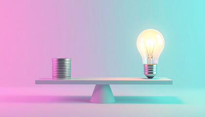 A glowing lightbulb balances a stack of coins on a seesaw, symbolizing the value of ideas over money.