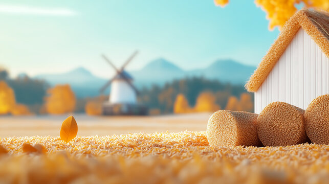 A serene autumn landscape featuring a quaint farmhouse, golden fields, and a distant windmill under a clear blue sky
